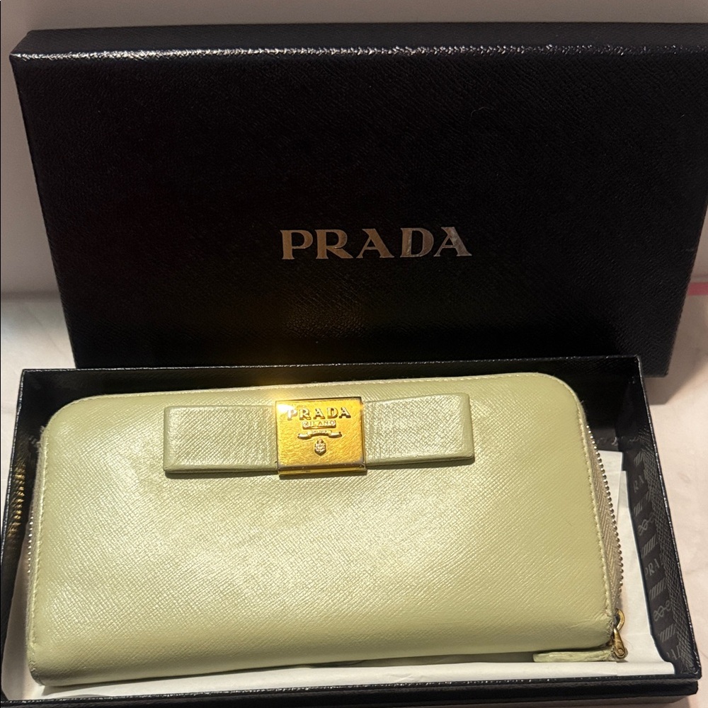 Prada Light Green Saffiano Leather Zip Around Wallet with Bow Accent